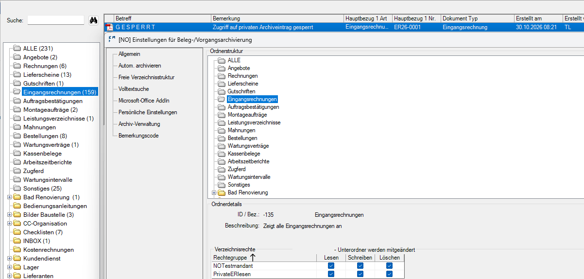 KWP Archiv mit gesperrtem privatem Archiveintrag und Verzeichnisrechten des Ordners Eingangsrechnungen